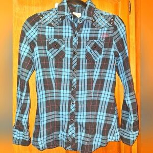A long sleeve Harley Davidson blue and black plaid button-down shirt. Womens XS.